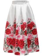 Romwe Rose Print Zipper A-line Skirt