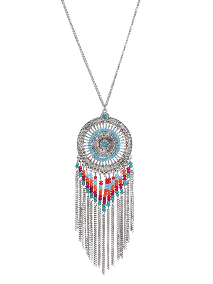 Romwe Silver Tone Boho Tassel Trim Beaded Round Pendant Necklace