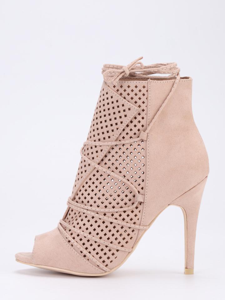 Romwe Laser-cut Lace-up Peep Toe Heels - Apricot