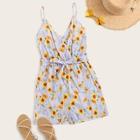 Romwe Sunflower Print Belted Surplice Cami Playsuit