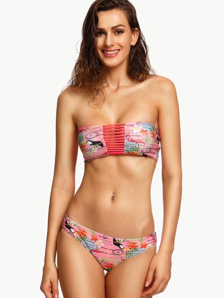 Romwe Pink Printed Ladder Cut Bandeau Bikini Set