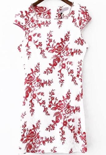 Romwe Square Neck Flower Print Red Dress