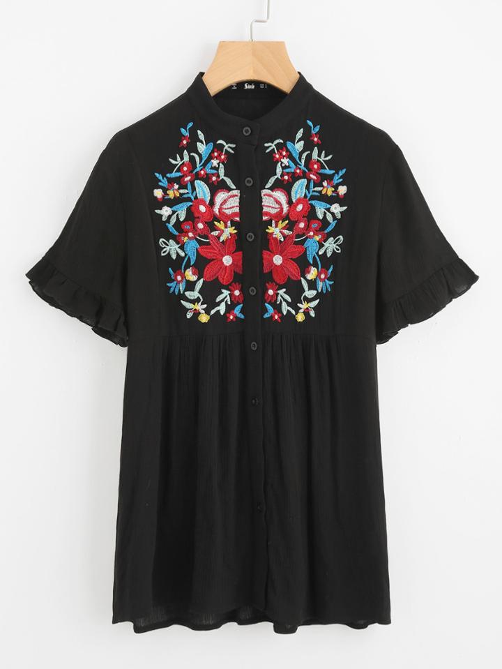 Romwe Embroidered Yoke Frilled Sleeve Crinkle Blouse