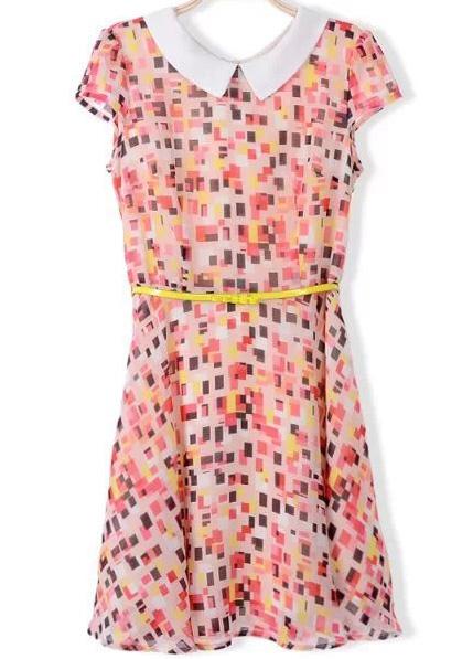 Romwe Red Cap Sleeve Geometric Print Dress