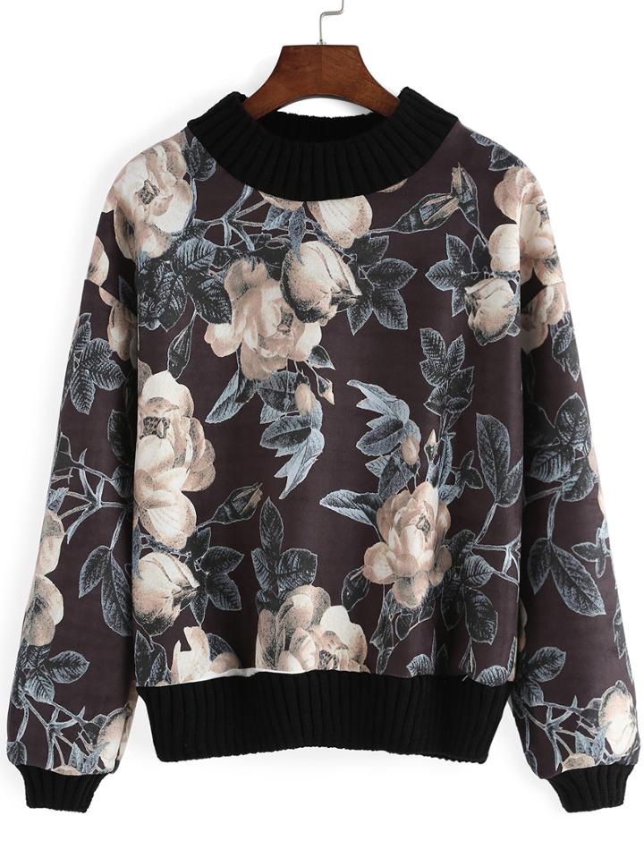 Romwe Long Sleeve Florals Loose Sweatshirt