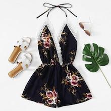 Romwe Lace Panel Open Back Floral Cami Romper