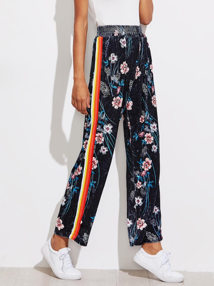 Romwe Striped Tape Side Floral Velvet Pants