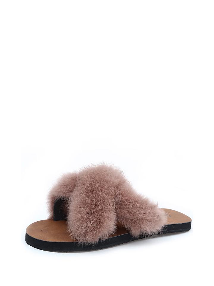 Romwe Faux Fur Criss Cross Slippers