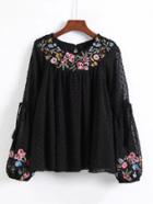 Romwe Dot Textured Embroidered Blouse