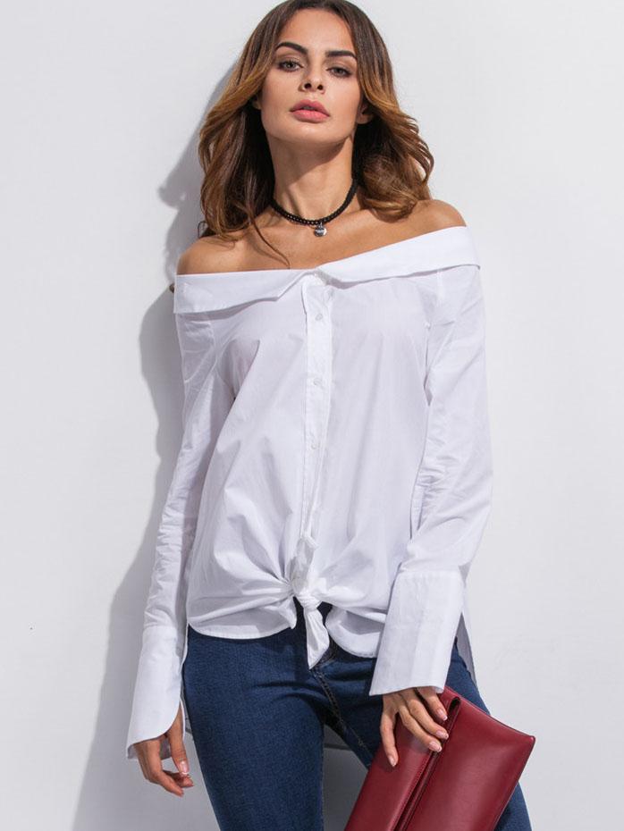 Romwe White Off The Shoulder Super Long Sleeve Shirt