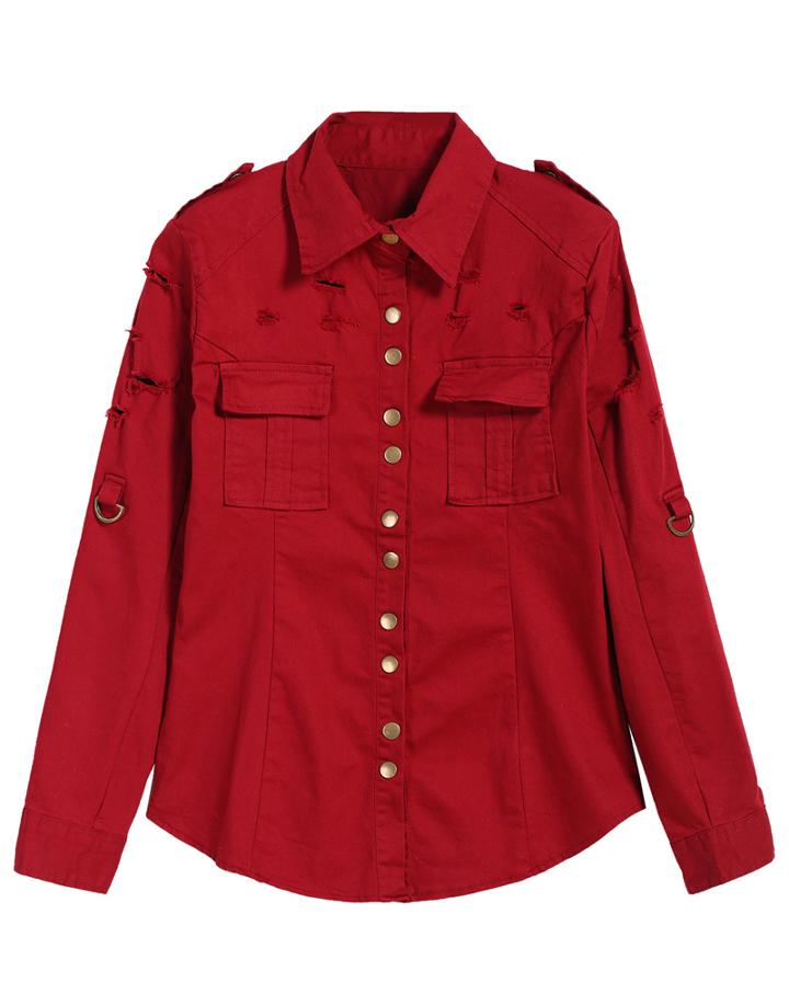 Romwe Epaulet Ripped Buttons Loose Wine Red Blouse