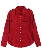 Romwe Epaulet Ripped Buttons Loose Wine Red Blouse