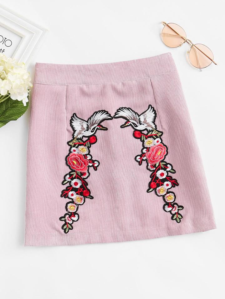Romwe Corduroy Floral Embroidered Skirt