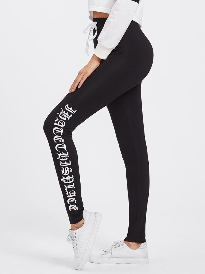 Romwe Drawstring Waist Letter Print Leggings