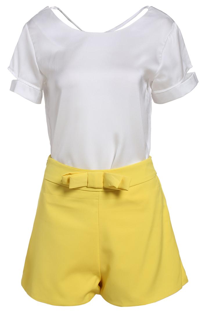 Romwe Criss Cross Chiffon Blouse With Yellow Bow Shorts