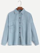 Romwe Blue Drop Shoulder Pocket Denim Shirt