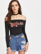 Romwe Bardot Embroidered Appliques Crop Top