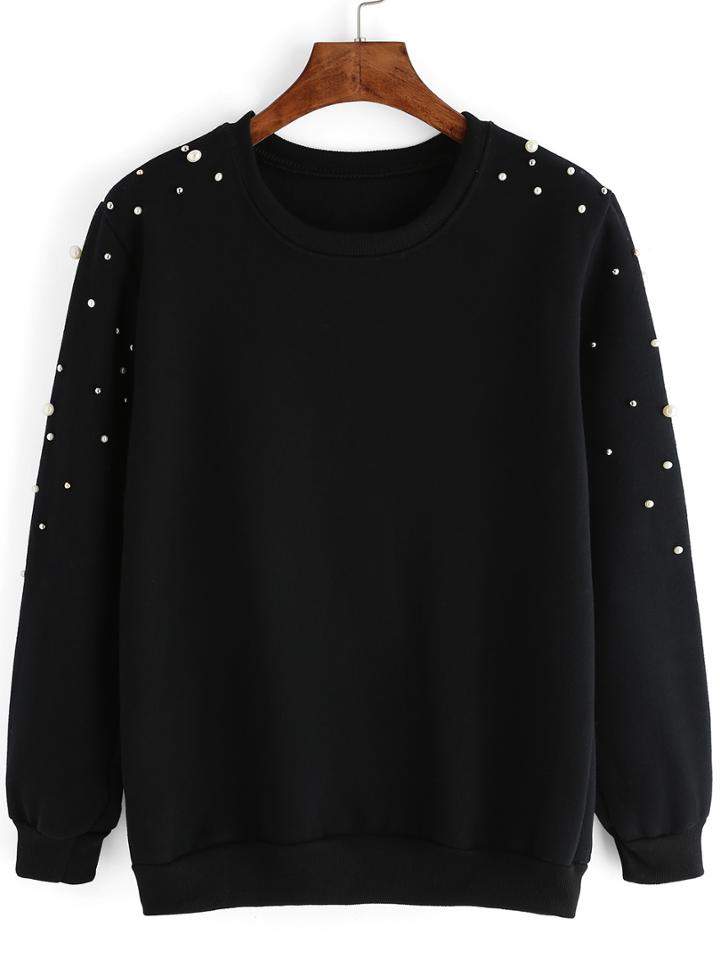 Romwe Beaded Thicken Black Sweatshirt