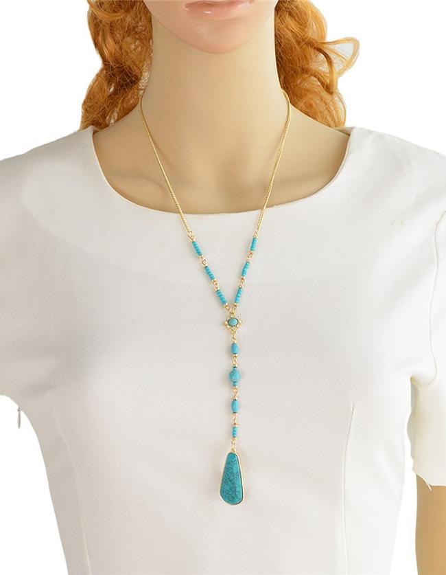 Romwe Blue Turquoise Long Chain Necklace