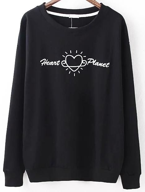 Romwe Black Heart Embroidery Pockets Sweatshirt
