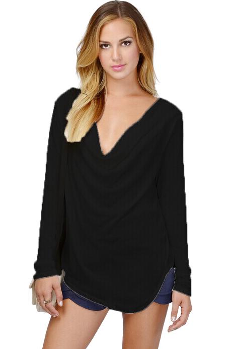 Romwe Draped Neck Flouncing Black T-shirt