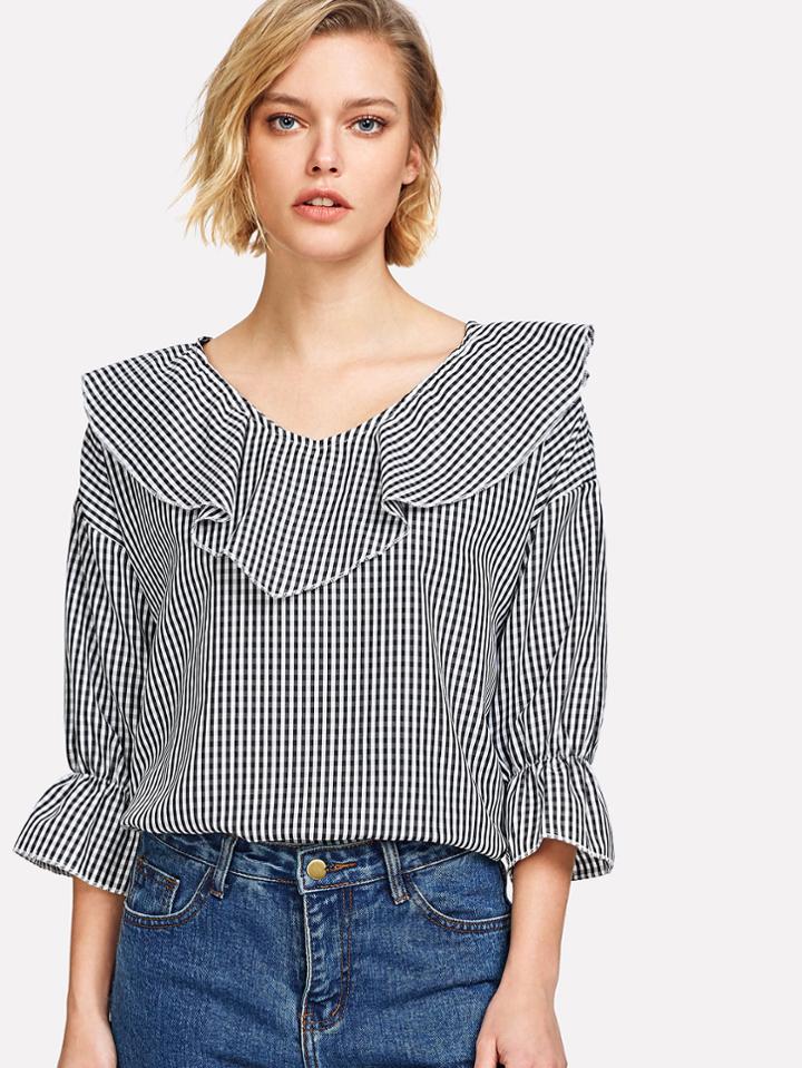 Romwe Bertha Collar Gingham Plaid Blouse