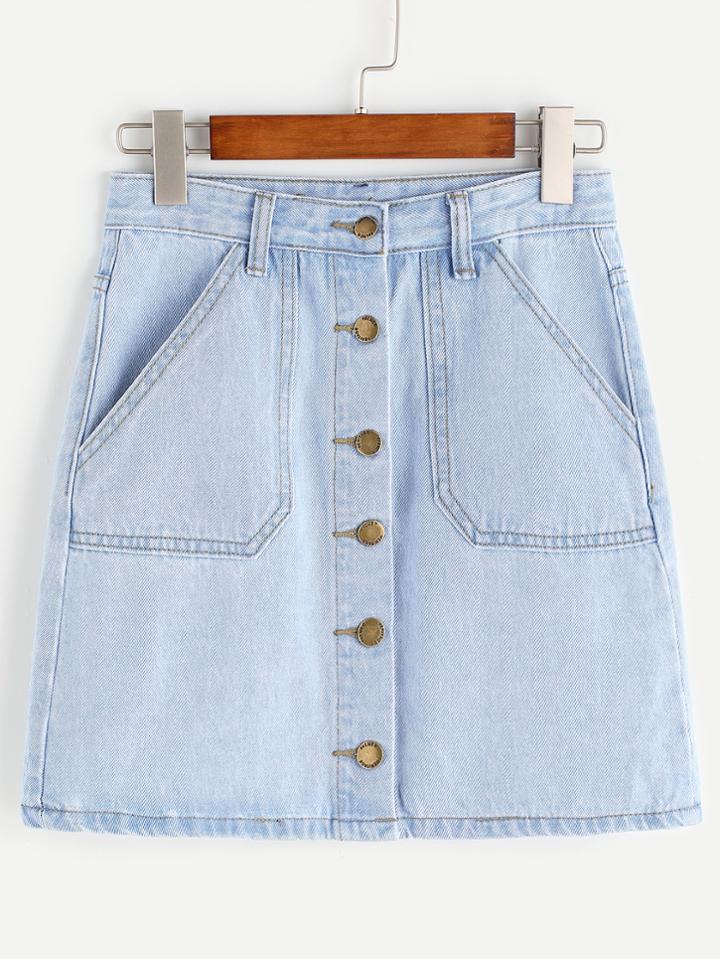 Romwe Light Blue Single Breasted Pockets Denim Skirt