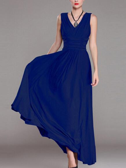 Romwe Double V-neck Ruched Sleeveless Dress - Blue