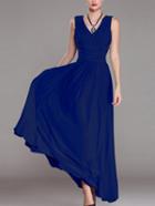 Romwe Double V-neck Ruched Sleeveless Dress - Blue