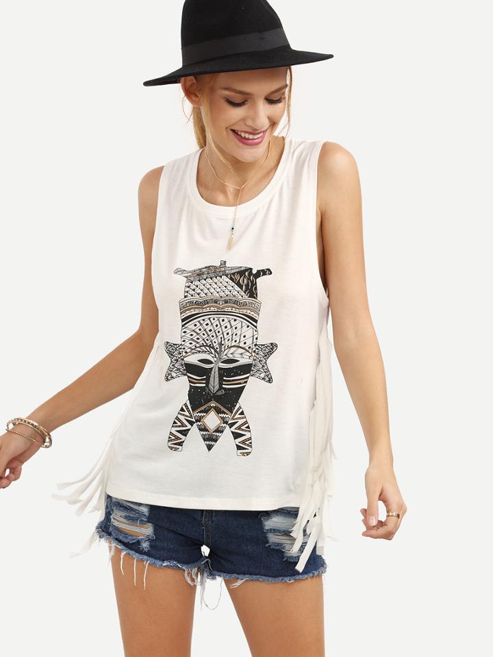 Romwe White Print Fringe Side Tank Top