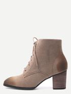 Romwe Khaki Nubuck Leather Cork Heel Lace Up Booties