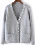 Romwe V Neck Bead Pockets Sweater Coat