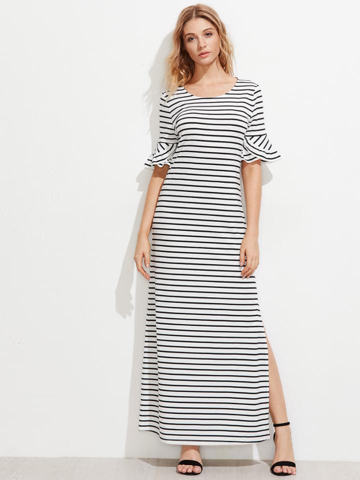 Romwe Frill Fluted Sleeve Split Side Horizon Striped Dress