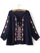Romwe Navy Embroidery Asymmetrical Blouse With Tassel Tie