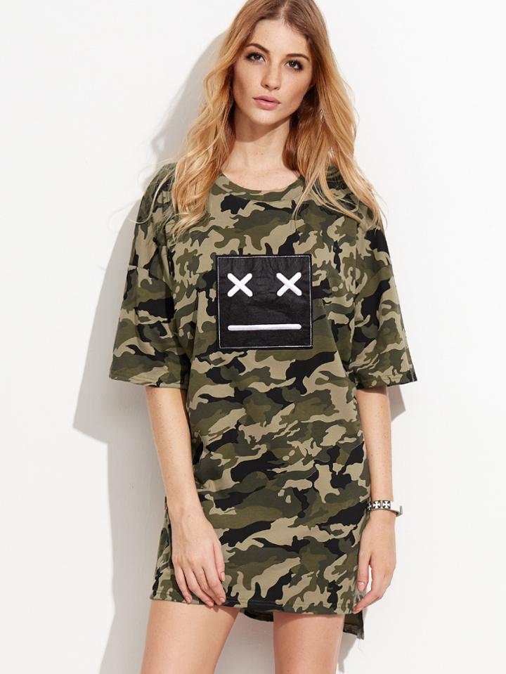 Romwe Camo Print High Low Emoji Patch Slit Tee Dress
