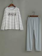 Romwe Grey Striped Letter Print Top With Elastic Pants