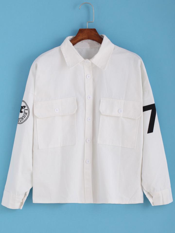 Romwe Lapel With Pockets Letter Print Coat