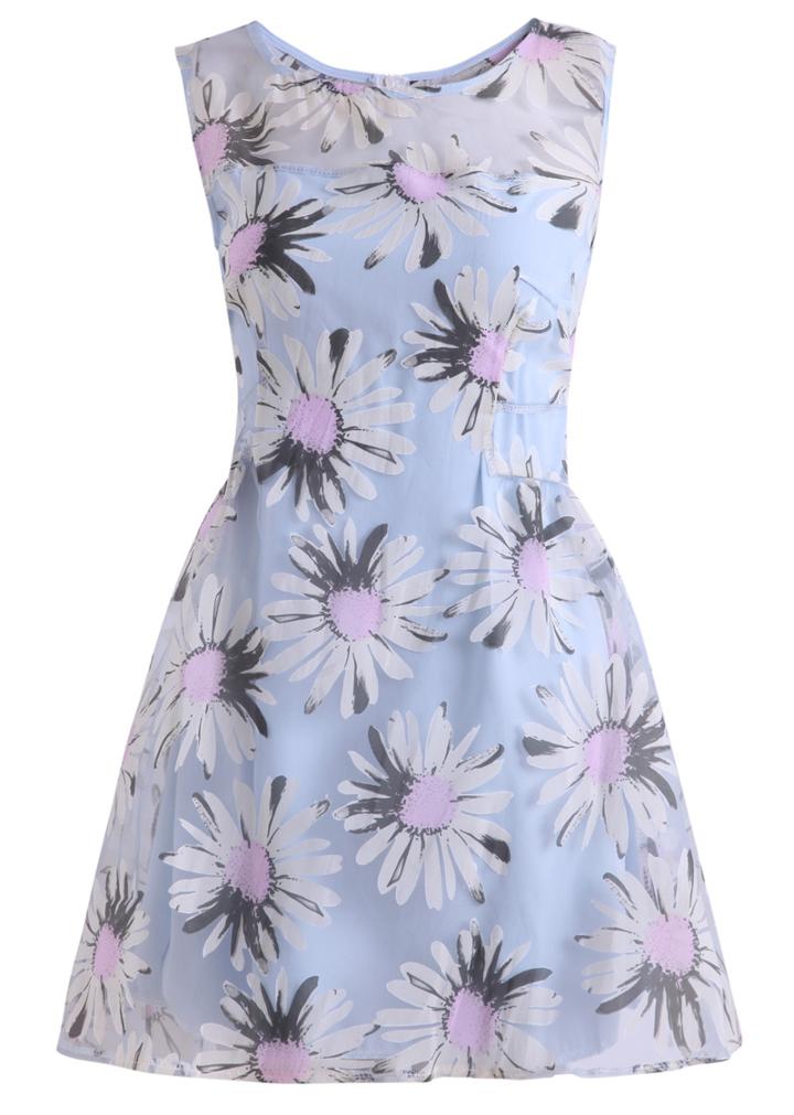 Romwe Flower Print Flare Blue Dress