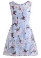 Romwe Flower Print Flare Blue Dress