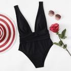 Romwe Plus Ruched Waist Plunging Swimsuit