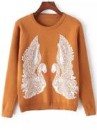 Romwe Swan Print Beaded Khaki Sweater