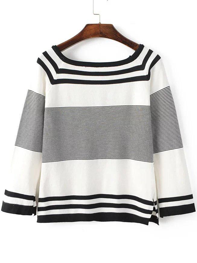 Romwe Black Striped Raglan Sleeve Side Slit Knitwear