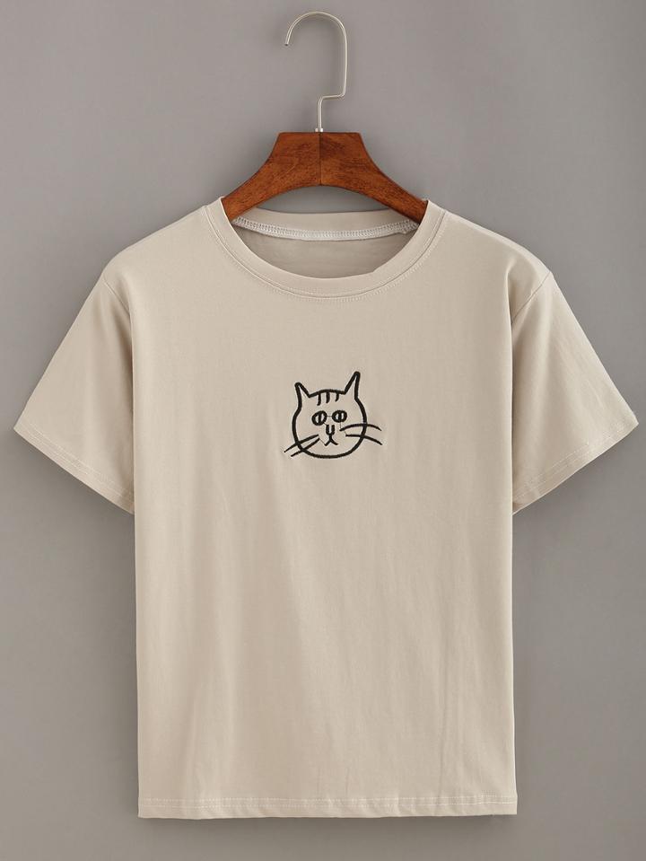 Romwe Cat Embroidered Short Sleeve T-shirt