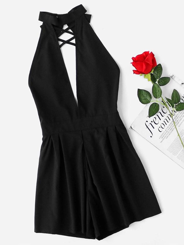 Romwe Plunging V-neckline Open Back Lattice Halter Romper