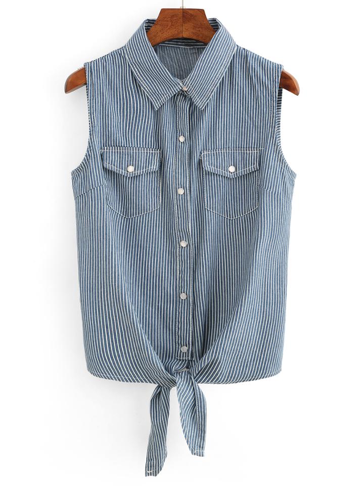 Romwe Vertical Striped Tie-front Sleeveless Blouse - Blue