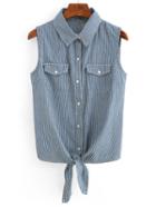 Romwe Vertical Striped Tie-front Sleeveless Blouse - Blue