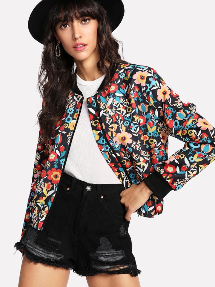 Romwe Contrast Trim Flower Print Bomber Jacket