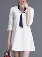 Romwe White Tie Neck Shift Cute Dress