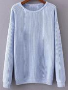 Romwe Blue Ribbed Drop Shoulder Sweater