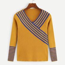 Romwe V-neck Ribbed Striped Panel Jumper